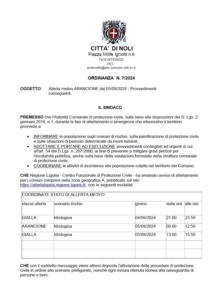 ORDINANZA N. 7/2024 OGGETTO: Allerta meteo ARANCIONE dal 05/09/2024 - Provvedimenti conseguenti